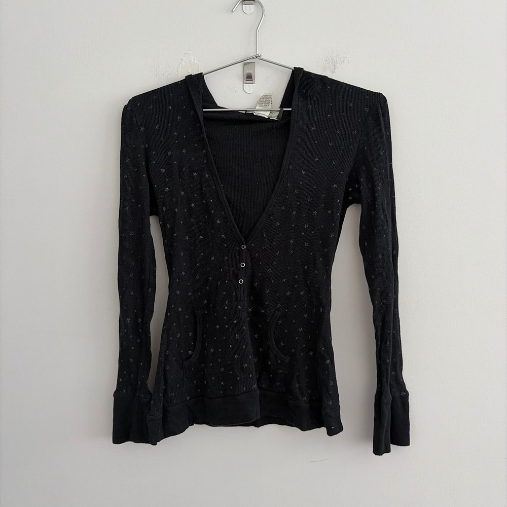 Belle du Jour Womens XL Black Star Print Waffle Knit Hooded Cardigan